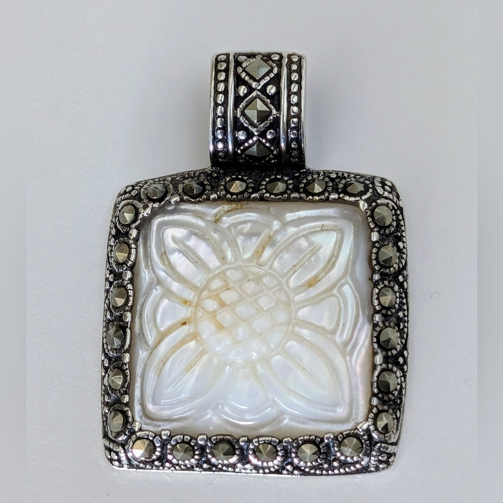 ATI Sterling Silver Mother of Pearl Marcasite Flower Pendant